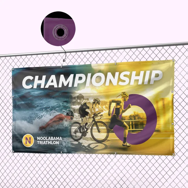 PVC Banner fixed to a wire fence, with eyelet detail
